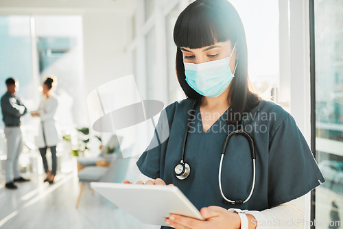 Image of Doctor, woman with face mask and tablet, health with digital medical information or research with stethoscope in hospital. Covid, safety and electronic healthcare data with female in ppe and tech