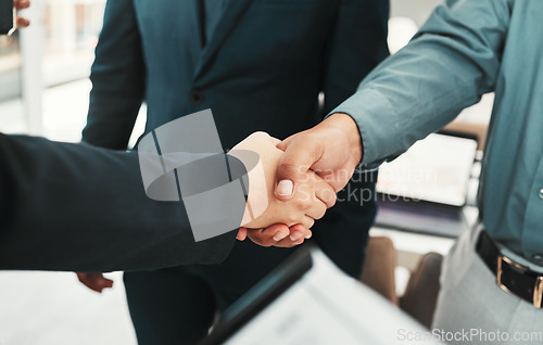 Image of Handshake, business partnership and agreement closeup, collaboration or b2b welcome, thank you and clients meeting. People shaking hands in job interview, career promotion or hiring deal with success