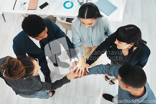 Image of Diversity, stack of hands and business people in the office with success, teamwork and achievement. Unity, multiracial and corporate team in celebration of collaboration project or goal in workplace.