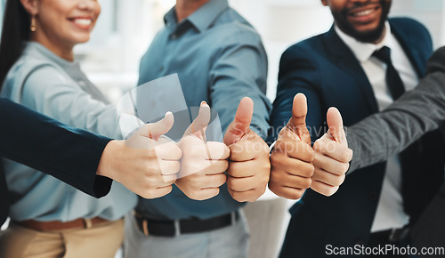 Image of Thumbs up, success and group closeup or people winning, support or thank you hands or emoji. Yes, like or winner with diversity employees for team building, agreement vote or teamwork collaboration