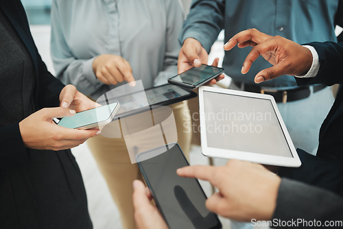 Image of Business people, hands and networking on mockup screen for data sharing, collaboration or app at office. Hand of group working on technology in social media communication with display for marketing