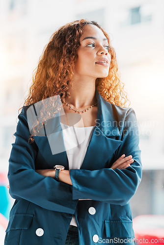 Image of Business, woman arms crossed and thinking for opportunity, vision and success with new project. Female leader, ceo and manager with skills, leadership and profit growth with future plan or motivation