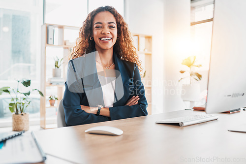 Image of Business, woman and portrait with arms crossed at desk, office and pride in Colombia startup company. Happy female worker smile at table for corporate motivation, happiness and leadership opportunity