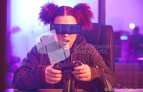 Image of Night, virtual reality and gaming girl with joystick, innovation and vr metaverse in neon lighting. Female gamer, cyberspace tech and glasses for 3D experience, digital AR fantasy and gen z esports