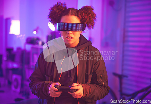 Image of Metaverse, virtual reality and gaming girl with gamepad, innovation and vr media in neon lighting at night. Female gamer, cyberspace tech and glasses for 3D experience, digital AR fantasy and gen z