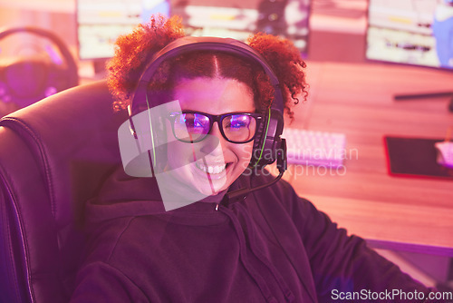 Image of Gamer, portrait and young girl smile with headphones in home of esports, online games or virtual competition. Happy female, live streamer and gaming with headset in neon lighting, technology or gen z