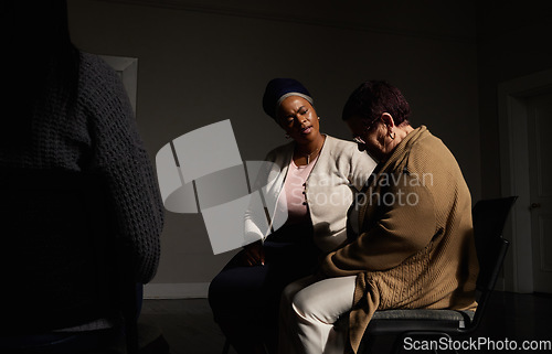 Image of Support, therapist and black woman in group therapy, understanding and sharing, talking at session. Mental health, addiction or depression, help for people in grief with psychiatrist sitting together