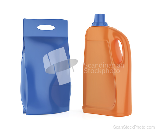 Image of Liquid detergent bottle and washing powder bag