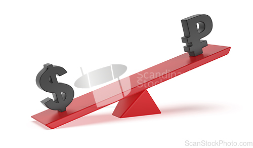 Image of US dollar versus Russian ruble on seesaw