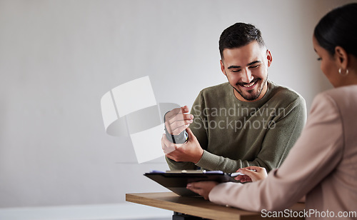 Image of Lawyer woman with man for legal contract success review on documents for insurance, compliance and HR agreement. Mockup, advisor and consulting client for security claim or disability compensation