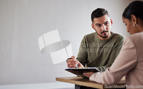 Image of Legal contract, injury or man with lawyer woman planning labor law for insurance, compliance and HR agreement. Mockup, advisor and consulting client for security claim or disability compensation