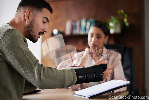 Image of Legal labor law, injury or man with lawyer woman planning on documents for insurance, compliance and HR agreement. Consulting, advisor and male client for security claim or disability compensation