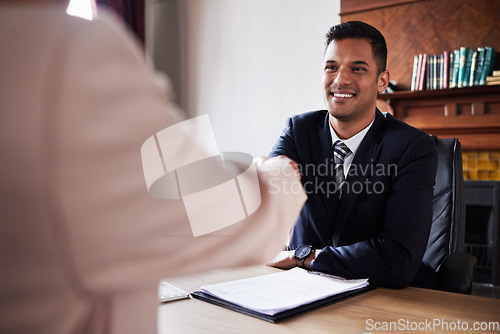 Image of Hiring, handshake and man in office for job interview, recruitment and hr meeting. Businessmen, shaking hands and b2b contract, investor or synergy, welcome or collaboration partnership