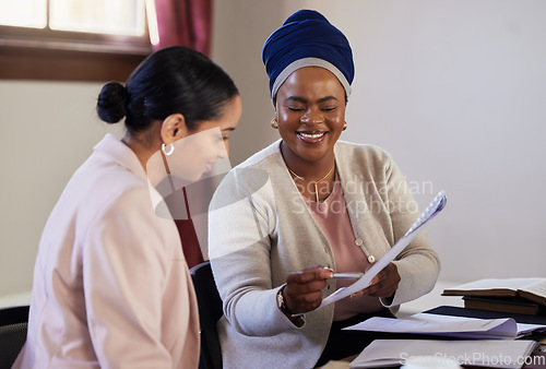 Image of Legal, women and contract with team planning on documents for partnership, b2b and agreement. Lawyer, financial advisor and consulting with people in office to sign compliance, deal or divorce review