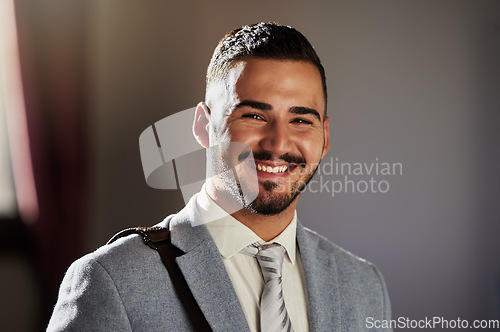 Image of Portrait, business man smile and lawyer face of a legal associate in office ready for corporate law. Businessman, company employee and notary advocate from Cuba with consultant and success