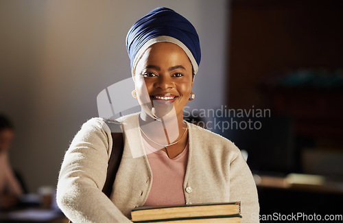 Image of Legal books, happy portrait and lawyer research law firm, office management or justice study. Financial advisor, knowledge and black woman smile, African government consultant or attorney education