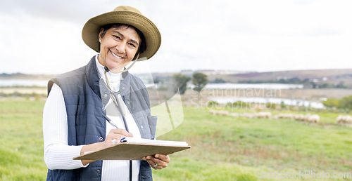 Image of Clipboard, farmer and portrait of a woman on a farm with checklist to monitor growth and development. Happy, smile and mature female working on sustainable, agriculture and agro field in countryside.