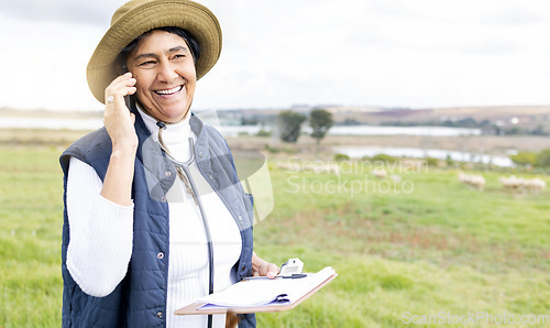 Image of Phone call, veterinarian and woman on farm talking or chatting to contact with checklist outdoors. Agro, agriculture and happy elderly doctor with clipboard and 5g mobile smartphone for networking.