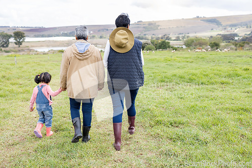 Image of Farming family, field in countryside with people walking on farm back view, green and sustainability with agro. Women, girl and fresh air, agriculture and farmer outdoor, holding hands and eco