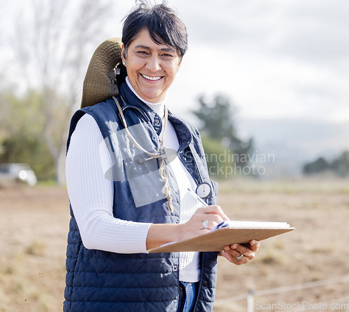 Image of Farm veterinary, clipboard and woman in portrait for healthcare inspection, agriculture checklist and agro research. Vet doctor, medical check and mature farmer person writing notes with happy face