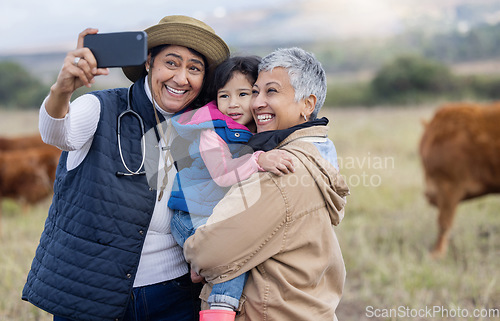 Image of Farm, selfie and grandparents with girl in countryside for holiday, vacation and adventure on grass field. Smile, family and happy child with grandma for quality time on ranch, nature and farming