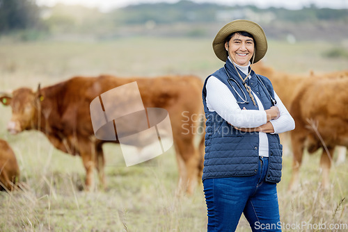 Image of Agriculture, cows and vet portrait of woman happy with cattle health, free range management and agro industry. Veterinary, farming expert and proud farmer person with animal growth in countryside
