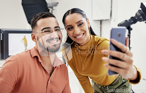 Image of Couple, phone selfie and film studio for smile, camera and vision for fashion, magazine and app. Photographer girl, focus and smartphone with social media, happy or photoshoot for gen z partnership