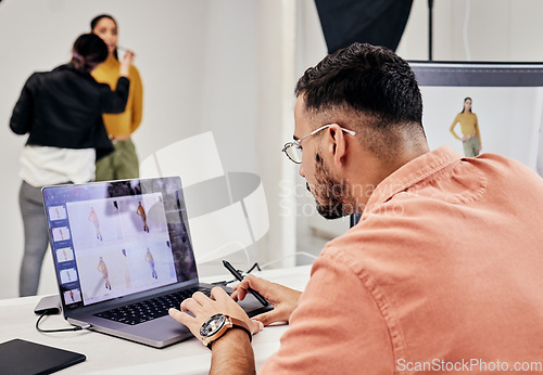 Image of Photographer, laptop and editing photography with man in creative studio and check work with creativity. Commercial photoshoot, person retouching and artistic process with focus, screen and digital