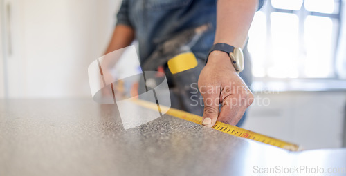 Image of Carpenter, work table and measure tape with hands, design diy and home improvement for building, wood or job. Builder, construction worker and handyman by countertop, planning and vision in workplace