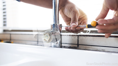 Image of Plumber man, tap and hands with screw tools of building maintenance, renovation and service. Closeup handyman, faucet and plumbing of engineering contractor, upgrade pipeline system and mechanic work