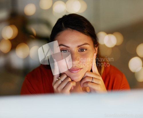 Image of Business woman, face and reading on computer screen, focus and editor thinking, research with bokeh overlay. Female in office, contemplating and data analysis, check article for blog or read email