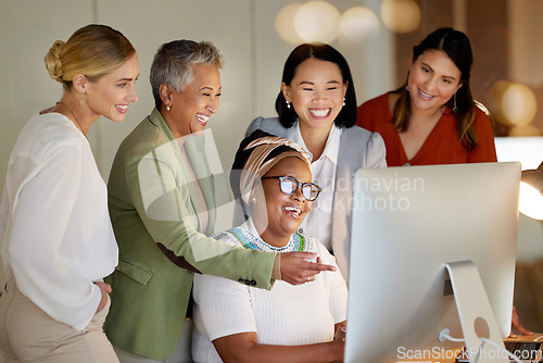 Image of Computer, management and a business woman with her team, working in the office while laughing or joking. Collaboration, diversity or coaching with a senior female manager training staff at work