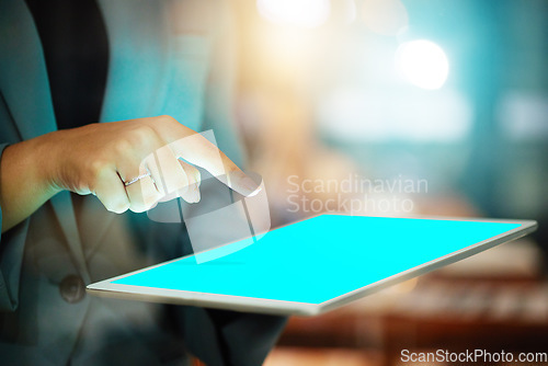 Image of Hands, tablet green screen and office mockup at night for planning, research or web design tech. Woman, mobile touchscreen mock up and blurred background with bokeh, code app ui and cloud computing