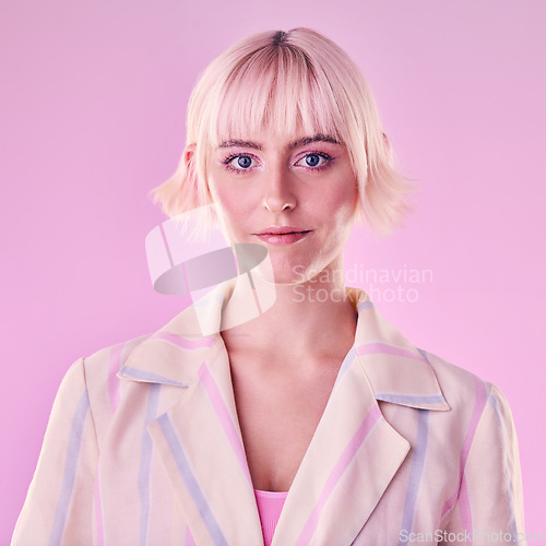 Image of Portrait of happy gen z woman on pink background, summer fashion and designer clothing in studio. Young, trendy and creative aesthetic, face of model isolated with unique and retro style in Australia