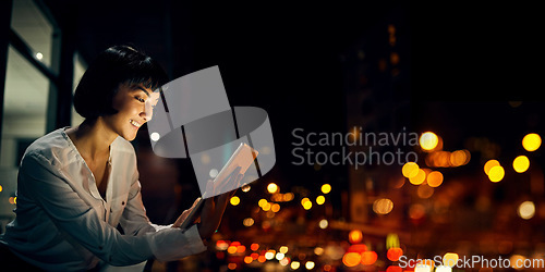 Image of Smile, night and tablet with woman on rooftop for research, social media and networking app. Technology, internet and website with girl outside for email, communication and data in city bokeh mockup