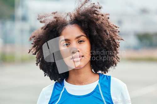 Image of Sports, portrait and netball player on the court for an outdoor game, competition or training. Fitness, health and female athlete from Puerto Rico standing on a field after practice or a match.
