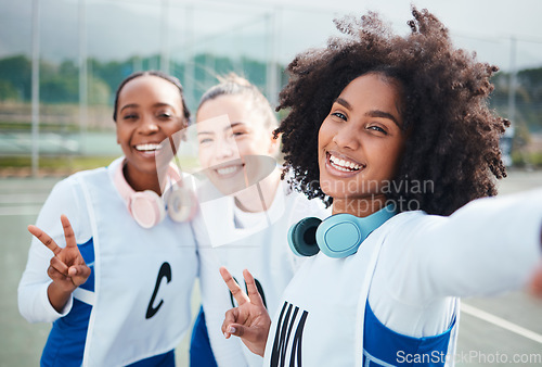 Image of Friends, selfie and women in portrait, netball and sports with team on court outdoor, smile and peace hand sign. Diversity, headphones and gen z with fitness, train for game and happy in picture