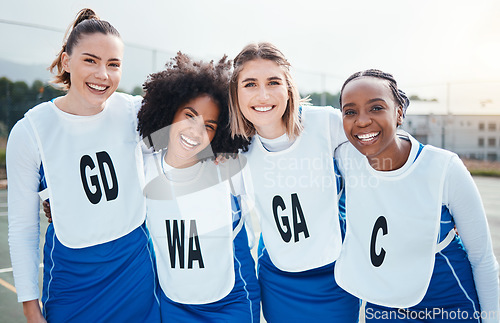 Image of Netball, team and friends in portrait, women on outdoor court and smile, sports group and diversity. Happy athlete workout together, training for game and gen z with fitness and trust with support
