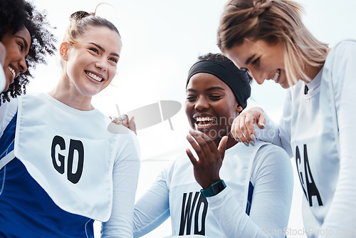 Image of Netball, women or happy group with sports team building, funny conversation and support for training or practice. Athlete friends, people or gen z excited for outdoor game in diversity circle talking