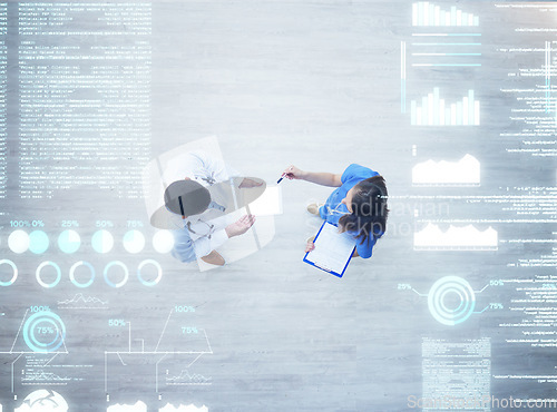 Image of Planning, teamwork or overlay of doctors, nurse or medical healthcare digital data schedule in lobby top view. Futuristic, medicine or collaboration for on tech for research or analytics in hospital