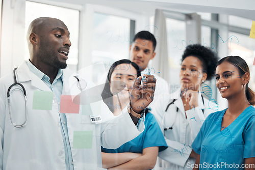 Image of Learning, mentor and writing with doctors in meeting for research, medical and education with sticky note. Healthcare, teamwork and students with group of people for science, medicine and planning