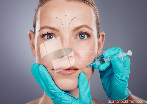 Image of Plastic surgery, beauty and portrait of woman with injection for lip filler, cosmetics and model in studio. Skincare, dermatology and girl with needle for anti aging, face lift and facial treatment