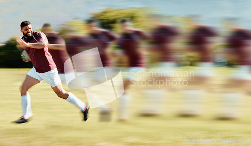 Image of Sports, rugby and running with man on field for training, fitness and speed action in championship. Fast, workout and blur sequence with athlete playing in game for competition, exercise and cardio