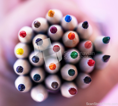 Image of Pencil zoom, color and stationery with school or art supplies top view, drawing with education and creative writing tools. Creativity, rainbow and colorful close up, artistic instrument and learning