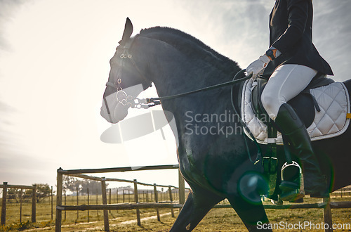 Image of Equestrian, person on horse in countryside, riding and sport with healthy active lifestyle, nature and jockey on farm or ranch. Rider outdoor with animal, sports and fitness with competition