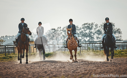 Image of Equestrian, horse riding group and sports, women outdoor in countryside with rider or jockey, recreation and action. Animal, sport and fitness with athlete, competition with healthy lifestyle