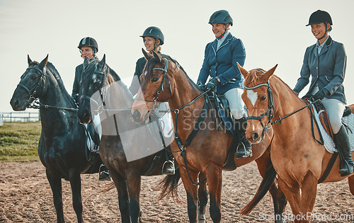 Image of Equestrian, horse riding group and sport, women outdoor in countryside with rider or jockey, recreation and lifestyle. Animal, sports and fitness with athlete, competition with healthy hobby