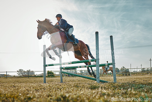 Image of Training, competition and woman on a horse for sports, an event or show on a field in Norway. Jump, action and girl doing a horseback riding course during a jockey race, hobby or sport in nature