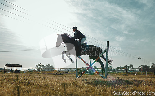 Image of Woman on horse, jumping and equestrian sports practice for competition with blue cloudy sky on ranch. Training jump, jockey or rider on animal for racing on obstacle course, dressage or hurdle race.