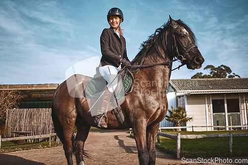 Image of Equestrian, hobby and portrait of woman on horse for a ride, recreation and lessons on a farm. Sports, exercise and girl doing horseback riding for a competition, learning or training in countryside